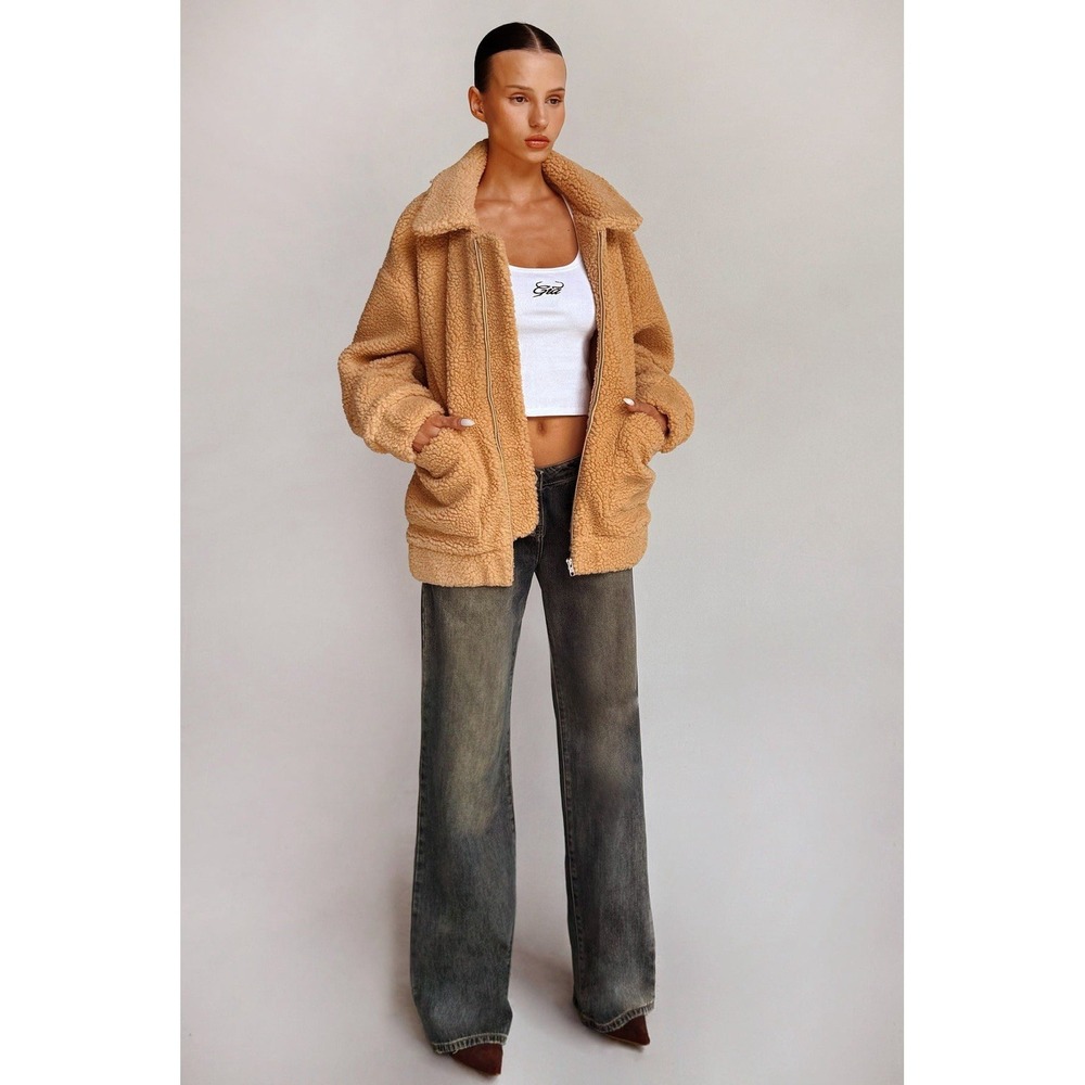 I.AM.GIA Jacket Women's Small Sherpa Fleece Tan Zip Up Cozy Oversized Pixie Coat